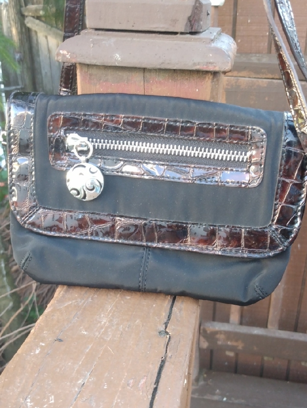 Brighton Black Crossbody Bag with Brown Croc-Trim and Silver Accent